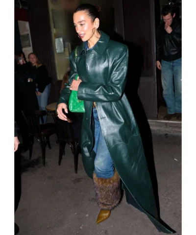 Shop Now Dua Lipa Green Raf Simons Leather Coat