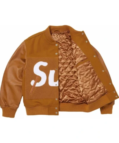 Logo Chenille Full-Snap Brown Varsity Jacket For Men and Women 