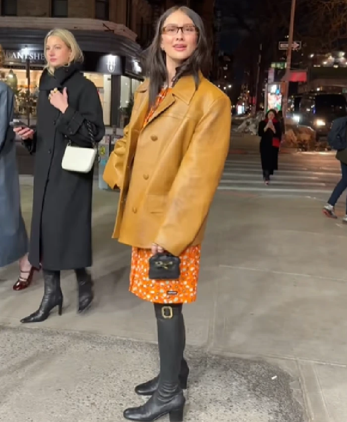 Lola Tung Miu Miu Tan Leather Coat