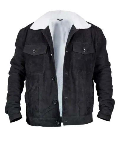 Jun Ha Love Life Augie Black Suede Leather Sherpa Fur Collar Trucker Jacket