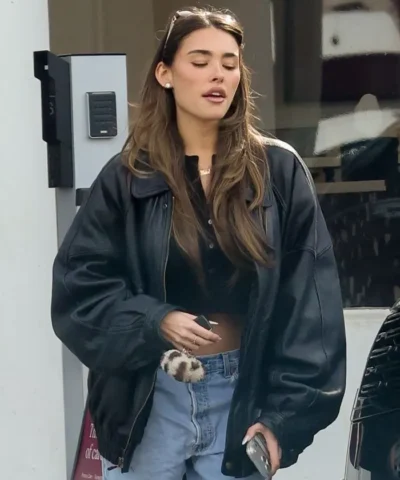Madison Beer Black Oversized Leather Jacket