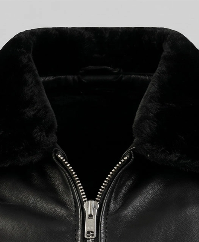 Maurice G1 Bomber Leather Black Jacket For Mens Close Up Collar