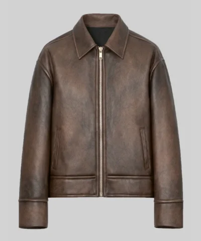 Mens Vintage Brown Distressed Leather Bomber Jacket Classic rugged leather jacket for men with a worn-in vintage look.