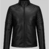 Mens black leather biker jacket with diamond quilted detailing and stylish design