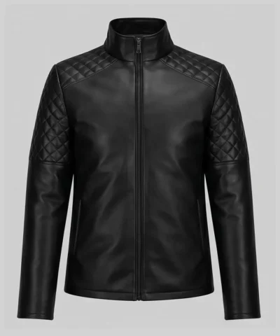 Mens black leather biker jacket with diamond quilted detailing and stylish design