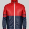 Mens dual-tone leather jacket in red and navy blue with stylish modern design