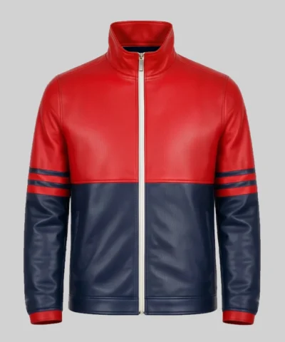 Mens dual-tone leather jacket in red and navy blue with stylish modern design