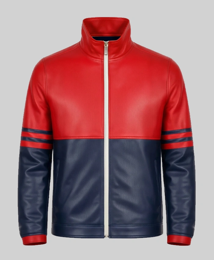 Mens dual-tone leather jacket in red and navy blue with stylish modern design