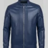 Mens navy blue leather biker jacket with slim-fit and premium quality design