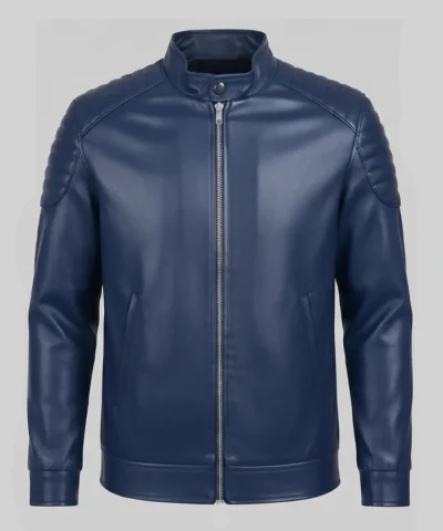 Mens navy blue leather biker jacket with slim-fit and premium quality design