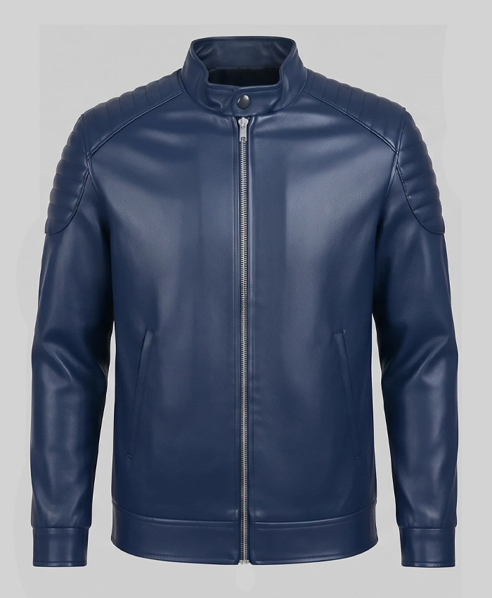 Mens navy blue leather biker jacket with slim-fit and premium quality design