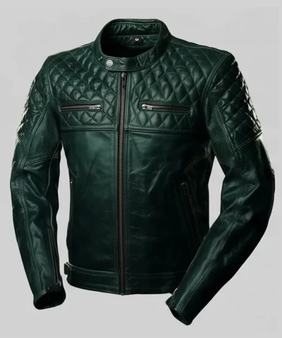 Mens quilted sheepskin leather biker jacket with classic cafe racer design
