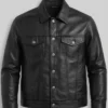 Mens slim-fit black leather jacket with modern design and premium finish