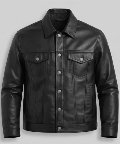 Mens slim-fit black leather jacket with modern design and premium finish