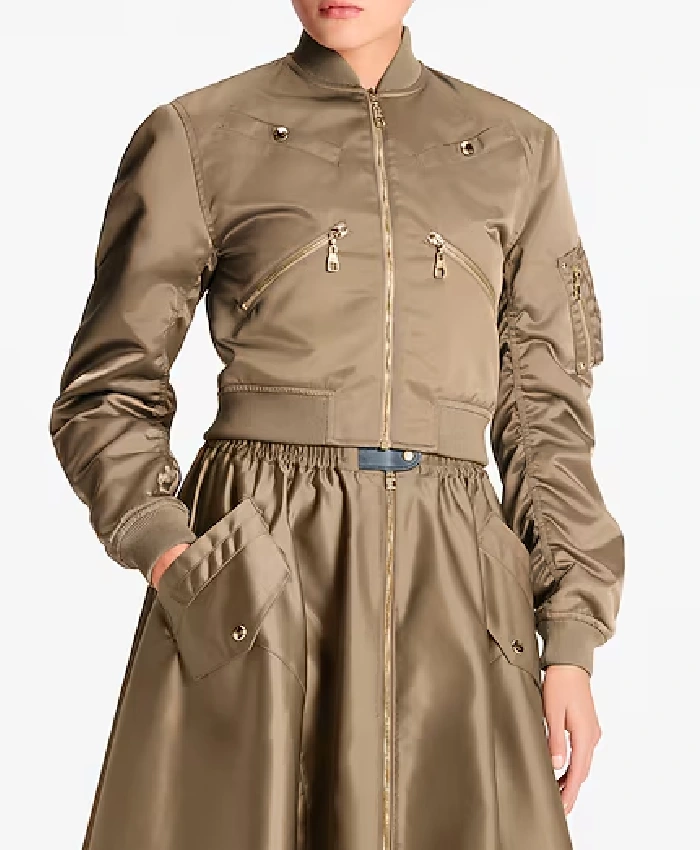 Minaj Cropped Ruched-Sleeve Bomber Jacket