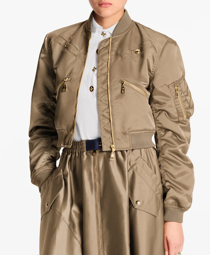 Minaj Cropped Ruched-Sleeve Bomber Jacket