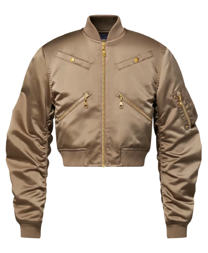 Minaj Cropped Ruched-Sleeve Bomber Jacket