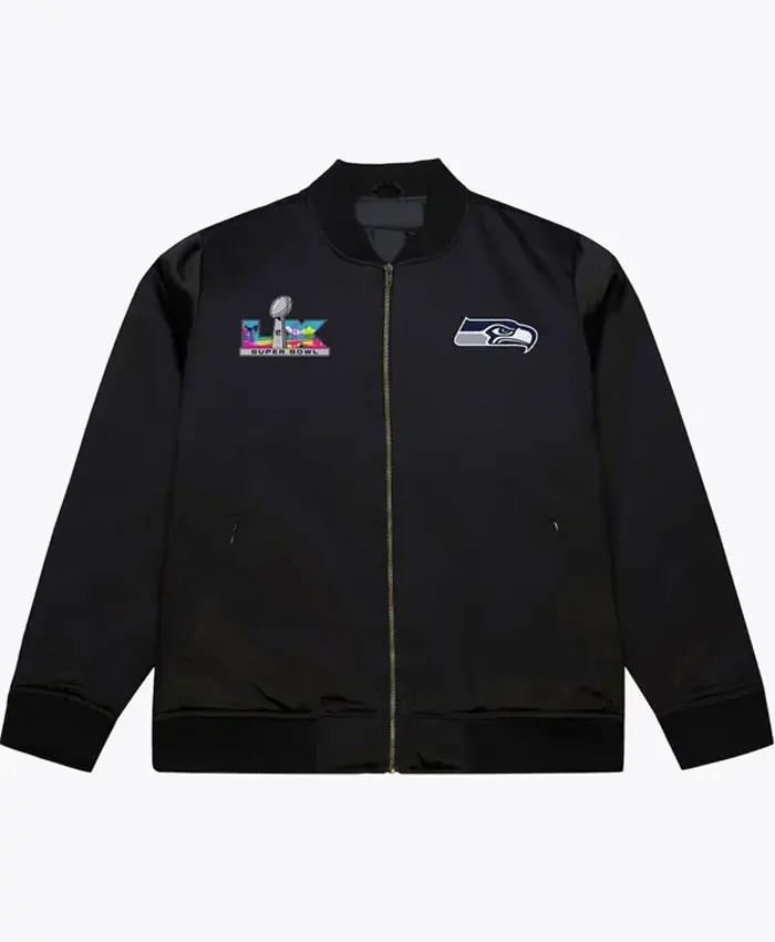 Shop the Seattle Seahawks Super Bowl LX Champions bomber jacket with polyester fabric, ribbed trims, zipper closure, and multiple pockets for fans.