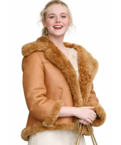 NYC Elle Fanning Brown Shearling Leather Jacket