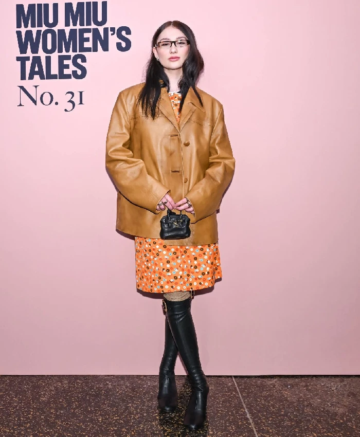 NYC Lola Tung Miu Miu Tan Leather Coat