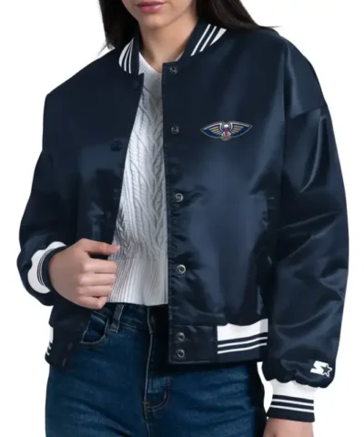 Navy New Orleans Pelicans Printed Logo Full-Snap Navy Satin Jackt