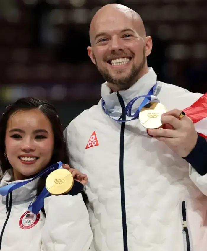 Ellie Kam Milano Cortina 2026 Winter Olympic Team USA White Bomber Jacket