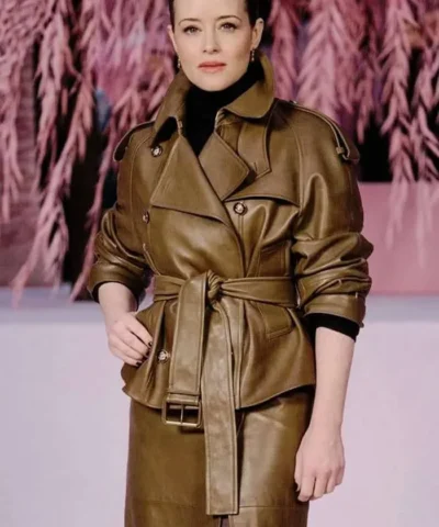 PFW Claire Foy 2026 Brown Leather Jacket