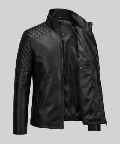 Premium mens leather biker jacket featuring quilted accents and durable material