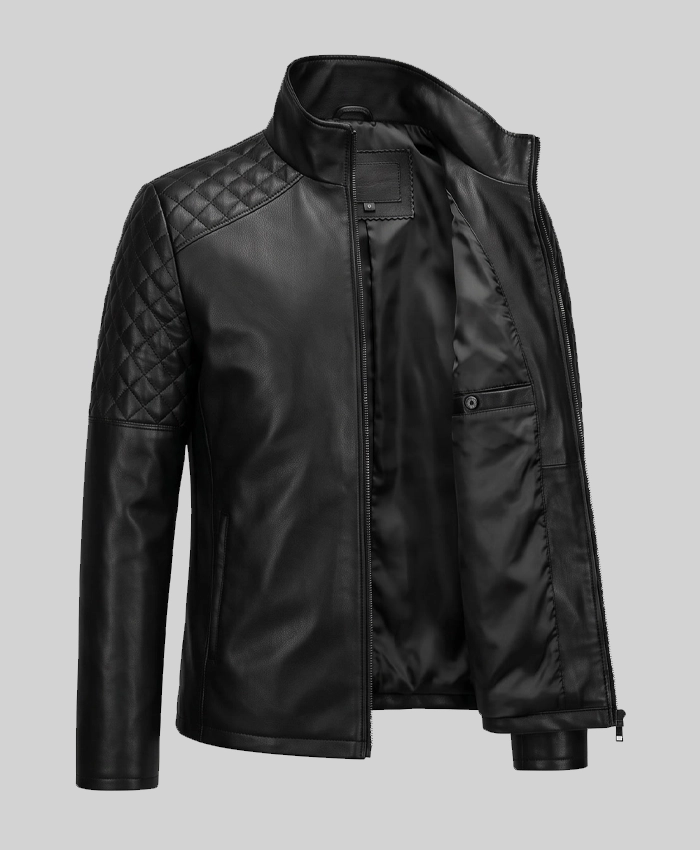 Premium mens leather biker jacket featuring quilted accents and durable material