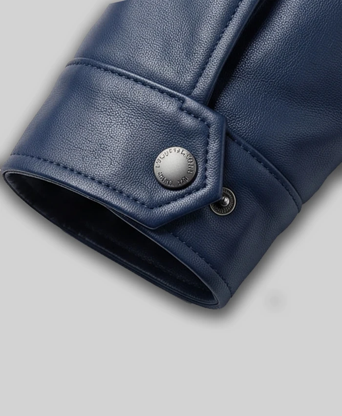 Premium navy blue leather outerwear for men with modern tailored fit