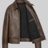 Stylish brown leather bomber jacket featuring a distressed finish for a retro vibe
