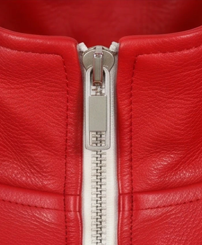 Stylish red and navy blue leather jacket with modern tailoring for a sharp appearance
