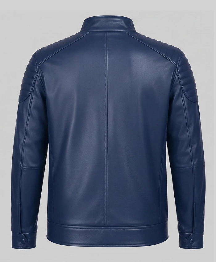 Stylish slim-fit biker jacket in navy blue, crafted from high-quality leather