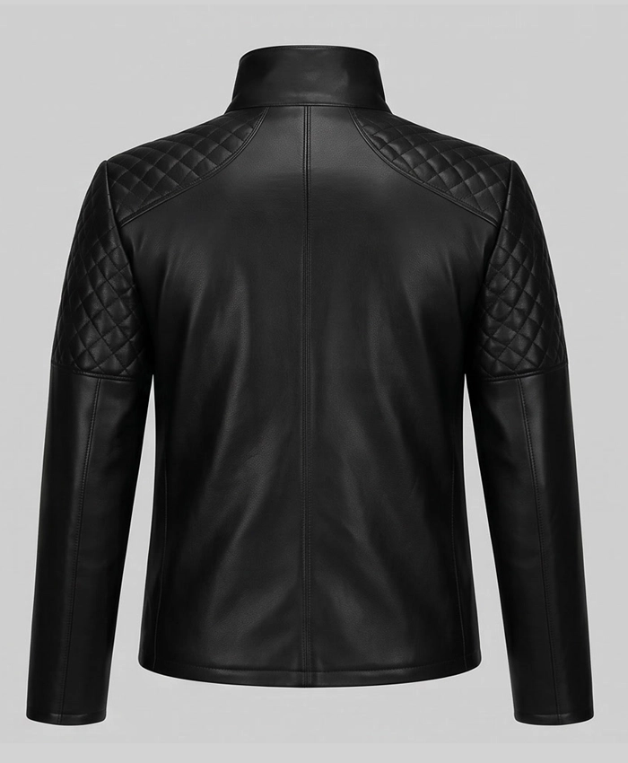 Trendy black diamond-quilted leather jacket for men with classic biker style