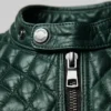Trendy quilted leather Green biker jacket with timeless cafe racer silhouette