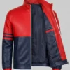Trendy two-tone leather jacket featuring red and navy shades for a bold look