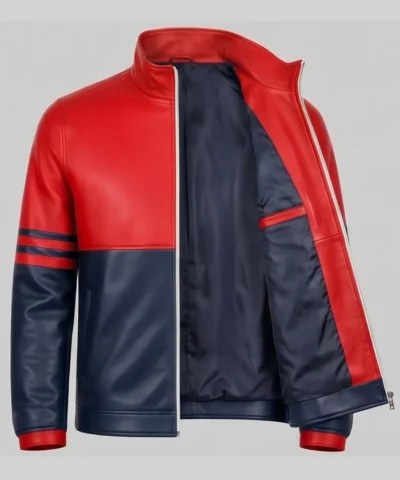 Trendy two-tone leather jacket featuring red and navy shades for a bold look