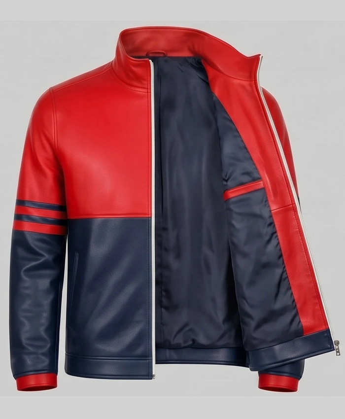 Trendy two-tone leather jacket featuring red and navy shades for a bold look