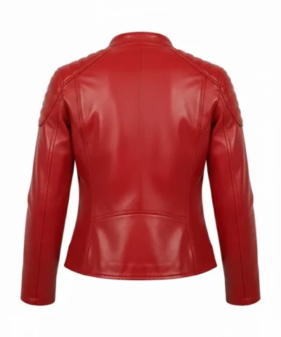 Women-s Premium Leather Red Biker Jacket Quilted Shoulder