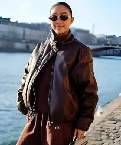 Yuwei Zhangzou Fashion Photo Session 2025 Oversized Zip-Up Bomber Leather Jacket