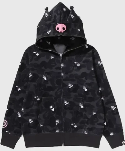 A Bathing Ape Kuromi 2026 Camo Full Zip Fleece Hoodie in Black