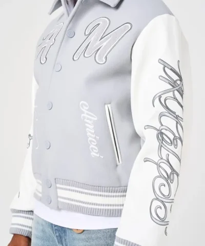 Amicci Lusso Grey and White Full Snap Wool with Leather Varsity Jacket