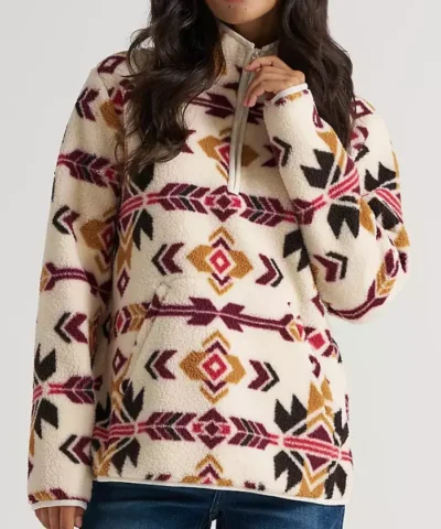 Aztec Pattern Half Zip and Pullover Sherpa Jacket Front View