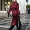Barbara Palvin Burgundy Belted Coat