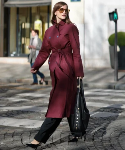 Barbara Palvin Burgundy Belted Coat