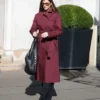 Barbara Palvin Double-Breasted Burgundy Belted Coat