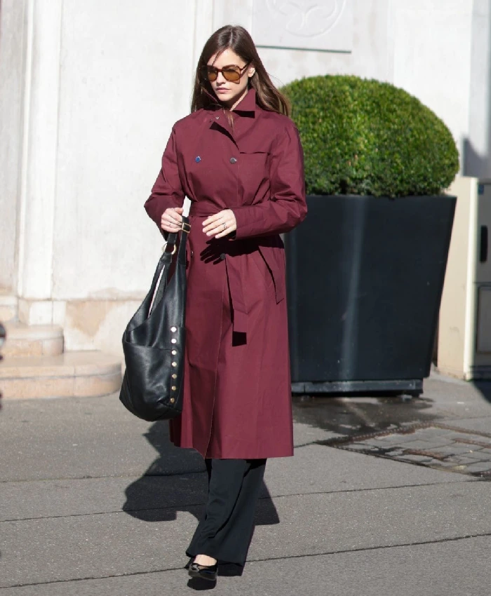 Barbara Palvin Double-Breasted Burgundy Belted Coat