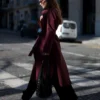Barbara Palvin Double-Breasted Burgundy Belted Coat For Sale
