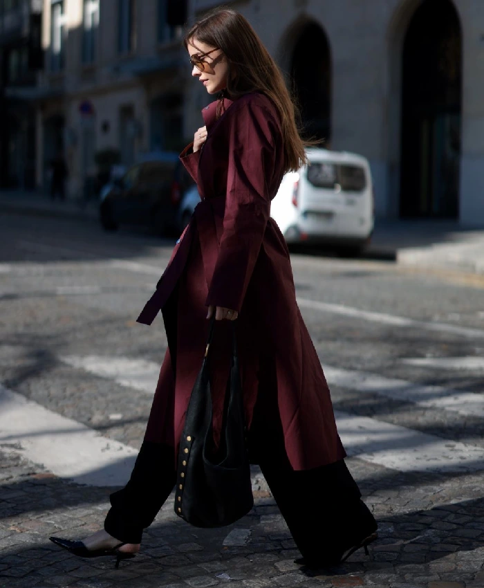 Barbara Palvin Double-Breasted Burgundy Belted Coat For Sale