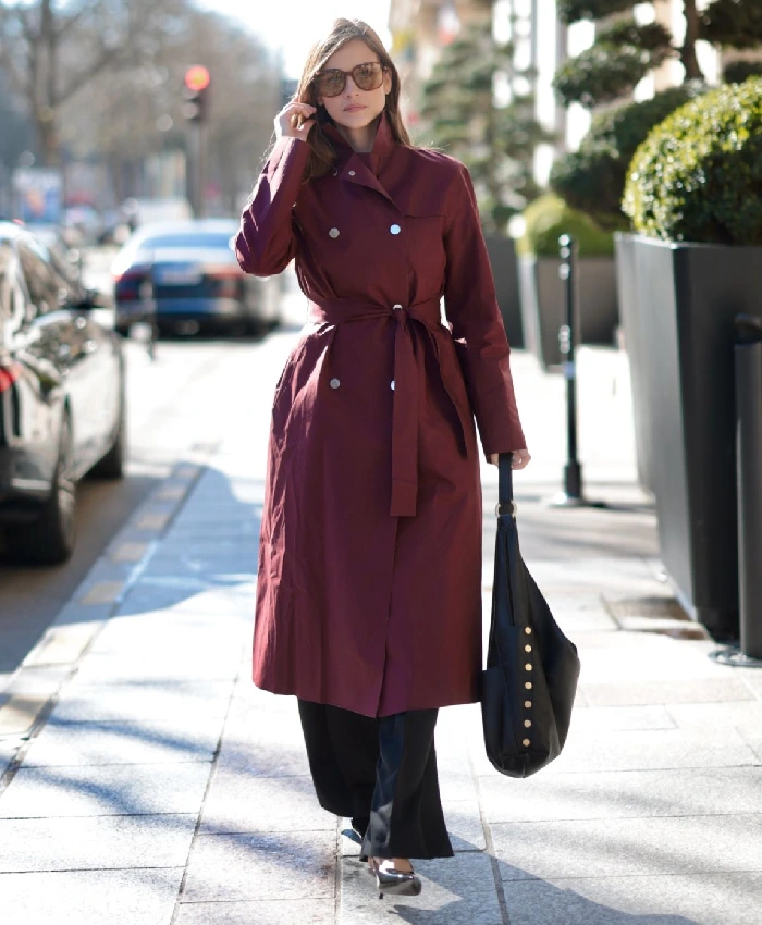 Barbara Palvin Double-Breasted Burgundy Coat For Sale